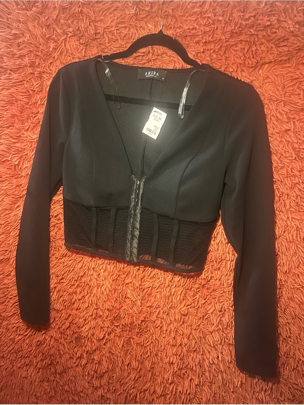 AKIRA Black Long-Sleeve Crop Blazer with Mesh Waist Medium NWT
